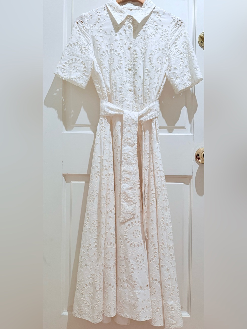 Zara White Eyelet Shirt Dress with Self-Tie Belt